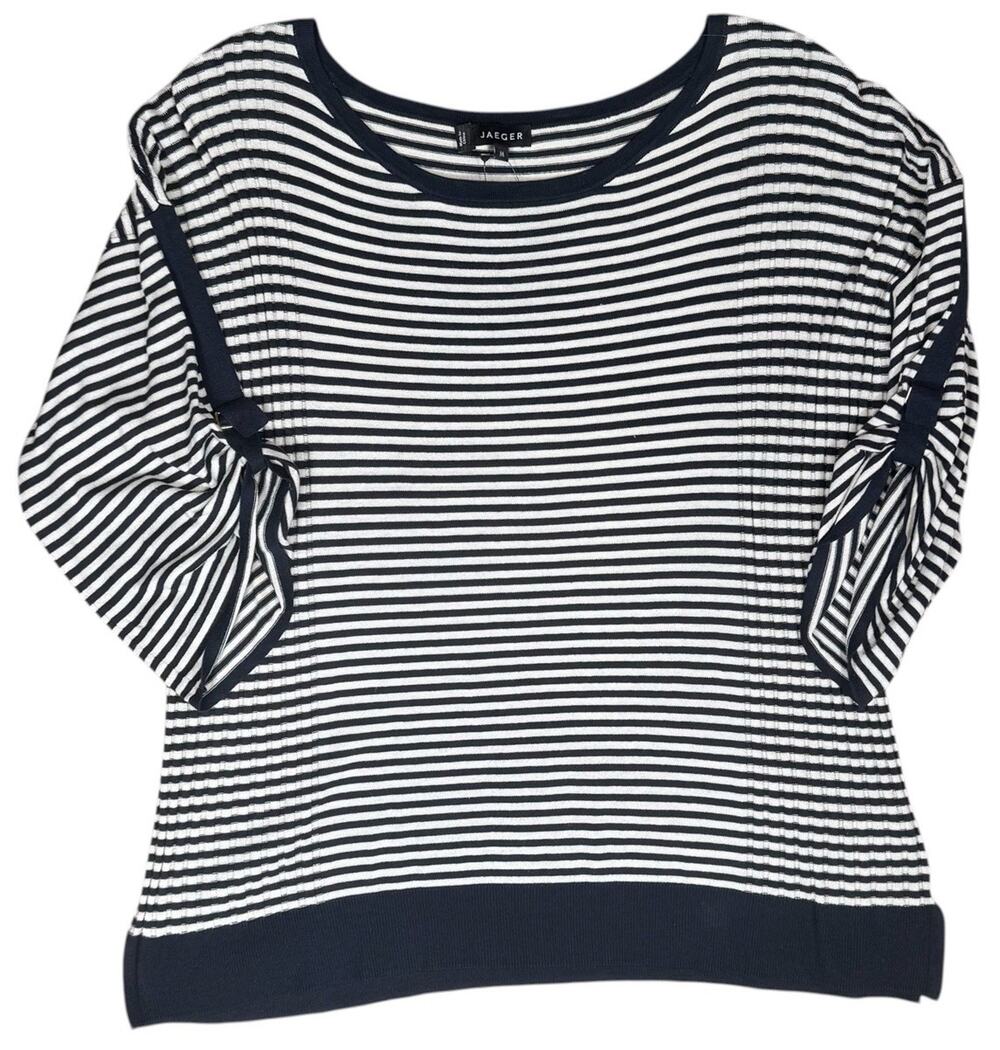 Jaeger Silk Cotton Striped Knit Top Womens Medium NWT Navy White Buckle Sleeve